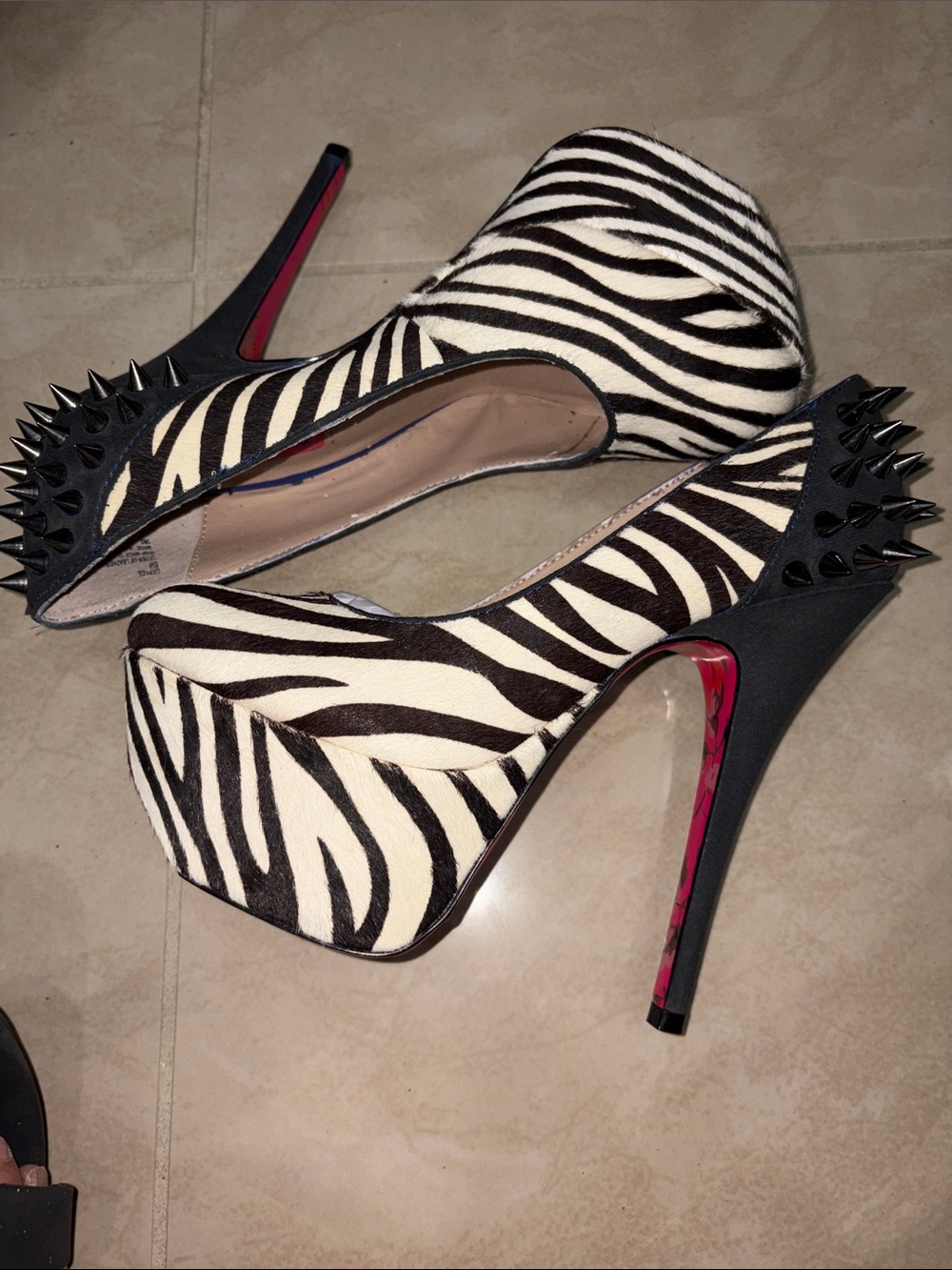 Zebra Print 🐄 cow fur Platform Stiletto Heels with Spike Accent - Black/White .